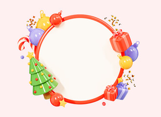 3D Merry Christmas and Happy New Year frame background with pine tree, decoration balls and gift boxes. Holiday poster or banner with empty copy space for promo. Cartoon creative design. 3D Rendering