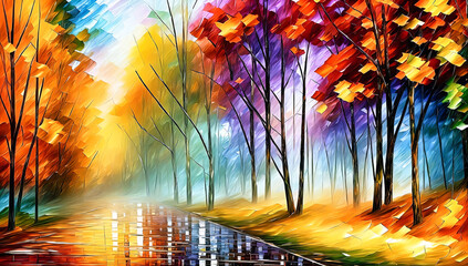 positive warm colorful andcolorful and vivid illustration of abstract forest landscape with river running through and mirroring it