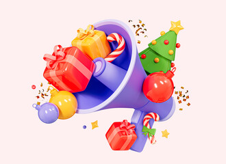 Obraz premium 3D Merry Christmas and Happy New Year sale promotion banner. Megaphone with gift box, decor ball and Christmas tree. Holiday promo. Xmas shopping. Cartoon creative design illustration. 3D Rendering
