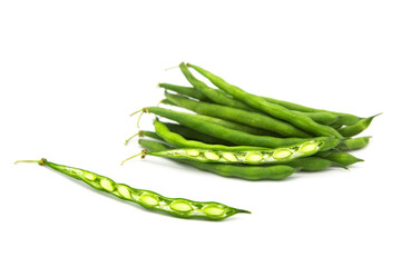 Fresh organic green beans whole and cut isolated on white background.	