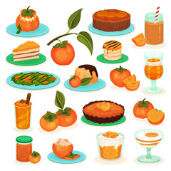 Persimmon Fruit as Ingredient in Fresh Juicy Dessert Food Big Vector Set