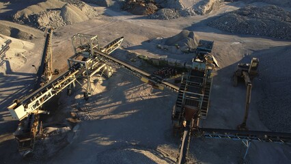 Sand making plant and belt conveyor in mining material storage. Sand and gravel sorting facility,...