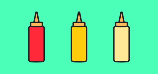 Sause in bottle icon. Ketchup, mayonnaise and mustard sign. Colored flat design.