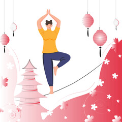 Vector illustration. Chinese woman doing slackline yoga. Sports woman demonstrates yoga position. Background abstraction