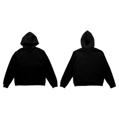 Blank Black Hoodie Mock-Up Template on White Background, Front and Back View