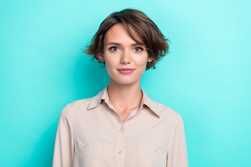 Closeup photo of young adorable nice pretty woman wear beige formal shirt company owner business successful person isolated on cyan color background