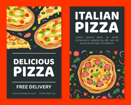 Delicious Italian pizza free delivery flyer template. Pizza shop business card, banner, promotional leaflet vector