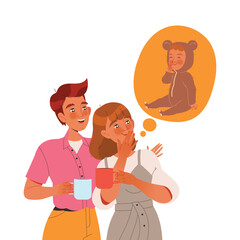 Preparation for Childbirth with Man and Woman Dreaming of Baby Vector Illustration