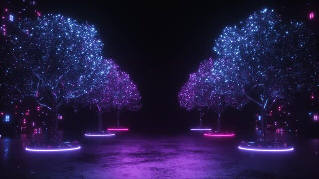 This Stock Motion Graphics Video shows a Futuristic Neon Glowing Trees and Digital glowing wall endless tunnel Sci-Fi Background in seamless loop.