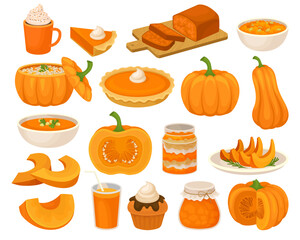 Sweet Pumpkin Nutrition with Cupcake, Porridge, Pie, Bread, Soup and Jam in Jar with Raw Orange Crop Big Vector Set