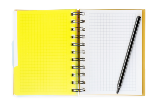 Notepad with yellow plastic cover and pen on it. Png file isolated with transparency