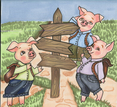 Watercolor hand drawn three pigs. Story. Illustrations and a cover. Book page. Fairy tale book. Cute and funny cartoon characters. perferct for books, post cards, posters. Old folk story for children