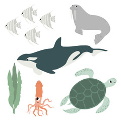 Cute vector ocean set with killer whale, turtle, walrus, squid, scalaria.Underwater cartoon creatures.Marine animals.Cute illustration for fabric, childrens clothing,book, postcard,wrapping paper