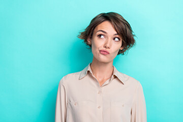 Closeup portrait photo of young adorable nice business lady pouted lips uncertain choice looking new employers isolated on aquamarine color background