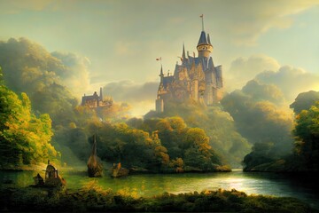 View through a beautiful enchanting fairy tale woodland onto a castle and a sailing ship - obrazy, fototapety, plakaty
