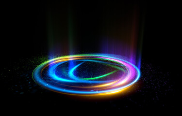 Glow swirl light effect. Circular lens flare. Abstract rotational lines. Power energy element. Luminous sci-fi. Shining neon lights. Magic arena. Swirl trail effect. Glint scene. Dynamic ellipse.