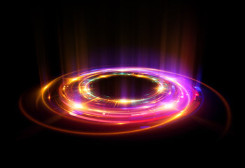 Glow swirl light effect. Circular lens flare. Abstract rotational lines. Power energy element. Luminous sci-fi. Shining neon lights. Magic arena. Swirl trail effect. Glint scene. Dynamic ellipse.