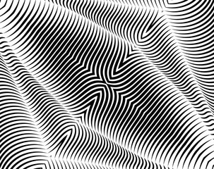 Digital image with a psychedelic stripes Wave design black and white. Optical art background. Texture with wavy, curves lines. Vector illustration