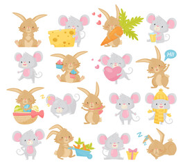 Cute little bunny and mouse characters set. Funny cheerful little animals in everyday activities cartoon vector