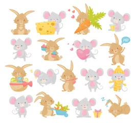 Fototapete Spielzeug Cute little bunny and mouse characters set. Funny cheerful little animals in everyday activities cartoon vector