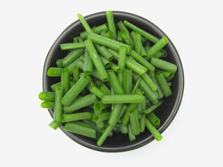 Onion leaves slices in a bowl 