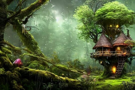 Secret House in the Misty Forest Stock Illustration - Illustration of tree,  lake: 146073089