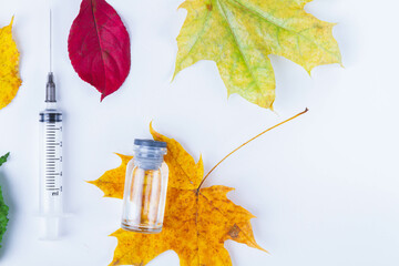 Autumn vaccination of population. Syringe in autumn leaves. Vaccination in autumn. New vaccine.