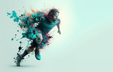 Soccer player with a graphic trail and color splash background. - obrazy, fototapety, plakaty