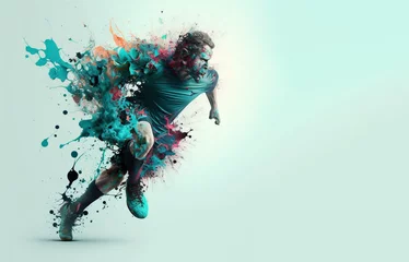 Schilderijen op glas Soccer player with a graphic trail and color splash background. © Nokhoog