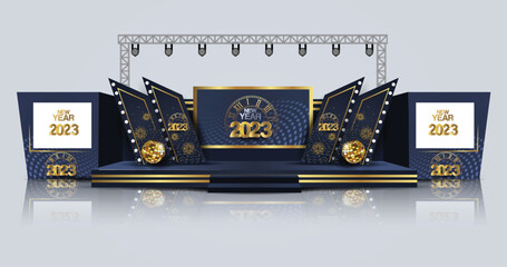 new year Event Stage design for business conferences, corporate projects presentations, shareholders event or meeting with slides on projection screens.