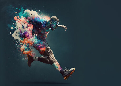 Soccer player with a graphic trail and color splash background.