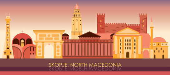 Sunset Skyline panorama of city of Skopje, North Macedonia - vector illustration - obrazy, fototapety, plakaty