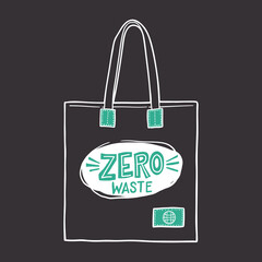 Textile environmentally friendly reusable shopping bags with lettering Zero Waste on black background