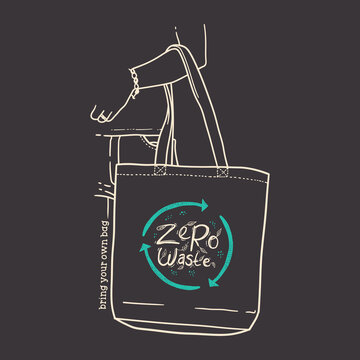Woman holding reusable grocery bag. Zero waste concept Vector illustration on black background