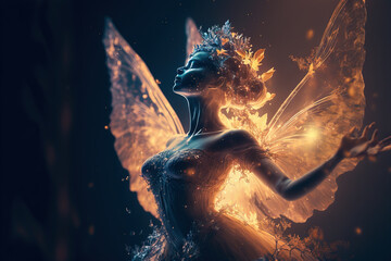 Dancing fairy in an enchanted magical forest. Digital artwork