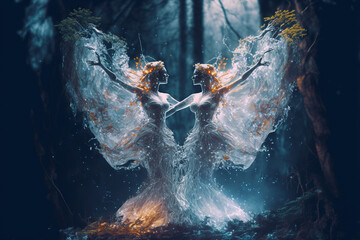 Two fairies dance in an enchanted magical forest. Digital artwork