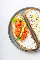 Cream cheese and salmon sandwich, overhead shot
