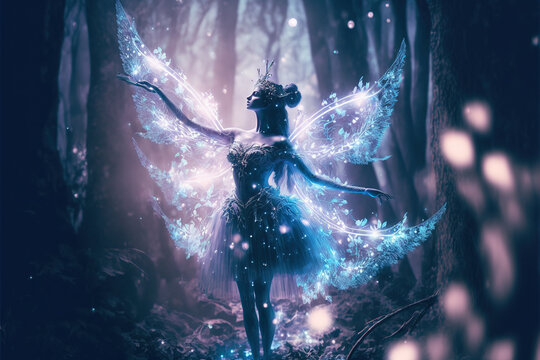 Dancing fairy in an enchanted magical forest. Digital artwork