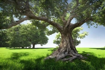 Fototapeta premium A big tree with multiple branches in a park. A sunny morning, sun beam coming through the branches 