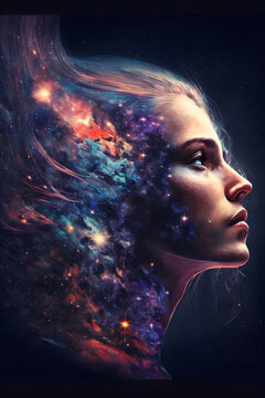 Double Exposure Woman In The Universe Wallpaper