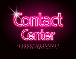 Vector glowing emblem Contact Center. Bright neon Font. Electric Alphabet Letters and Numbers set