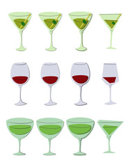 Martini red wine vermouth glass on white background. Cartoon sketch graphic design. Doodle style. Colored hand drawn image. Party drink concept for restaurant, cafe, party. Freehand drawing style.