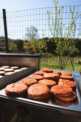 Vegan burgers cooked on an outdoor grill. Vegan cuisine. Meat substitute. Meat free plants based steak