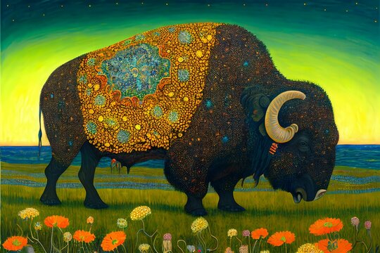 Ornamented bison in a pasture with grass and colorful flowers