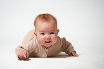 portrait of an infant looking into the camera who is learning to crawl on a white background