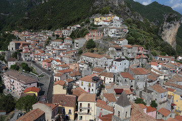 Fototapeta na wymiar Orsomarso, Italy - August 5, 2022: The village that gives its name to the Orsomarso mountain range