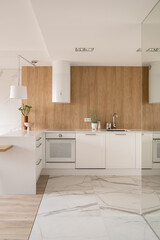 Fototapeta na wymiar Elegant kitchen with stylish white furniture