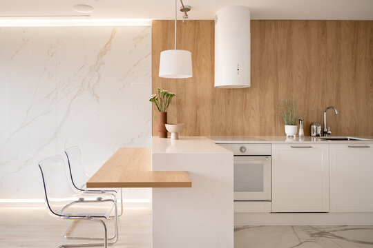 Beautiful and aesthetic kitchen with marble and wood