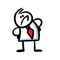 The proud male boss stands with his hands on his hips and his chest outstretched.