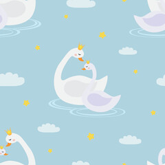 Vector seamless pattern with two white swans character in lake in cartoon style